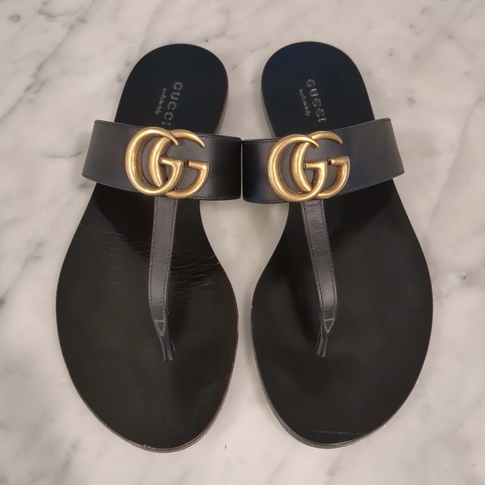 100% AUTHENTIC GUCCI LEATHER THONG SANDAL WITH DOUBLE G BLACK SIZE 35.5